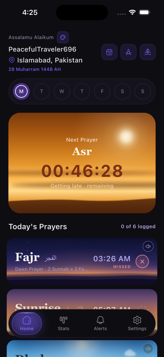 nowpray home screen — next prayer countdown for Asr and today's prayer list